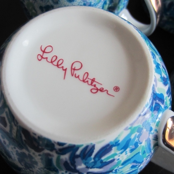 Lilly Pulitzer Tea Cups set of 4 Bule Floral Ceramic golden Handles Ssummer, - Picture 5 of 8